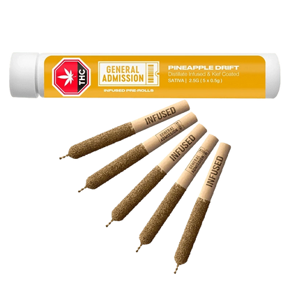 A close-up, angled view of the Pineapple Drift Distillate Infused Pre Rolled 5 x 0.5 g, showcasing the color and texture of the pre-rolled joints.