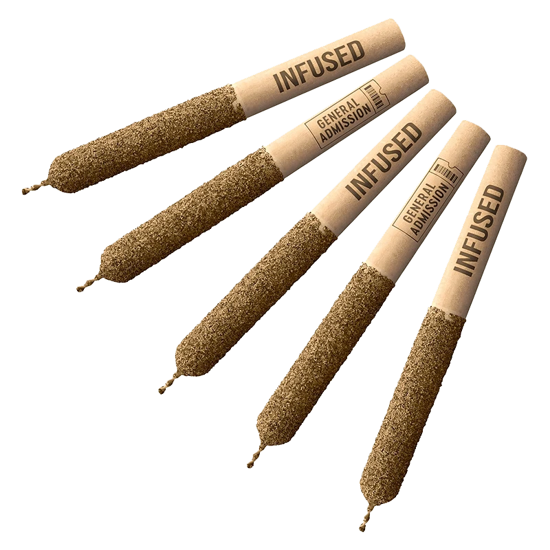 A close-up, angled view of five Pineapple Drift Distillate Infused Pre Rolled 5 x 0.5 g cartridges against a plain white backdrop.