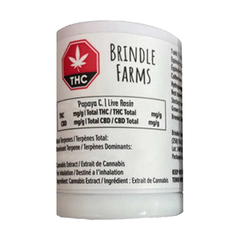 Front view of the Brindle Farms Papaya C. Live Rosin container with a green logo on a white background.