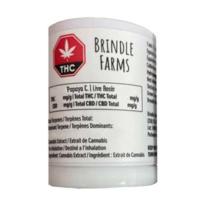 Front view of the Brindle Farms Papaya C. Live Rosin container with a green logo on a white background.