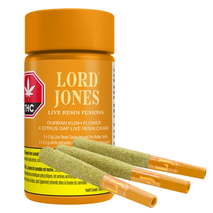 A close-up shot of the Durban K x Citrus Sap Live Resin Infused Pre Rolled pre-rolled joints, showcasing the branded packaging.