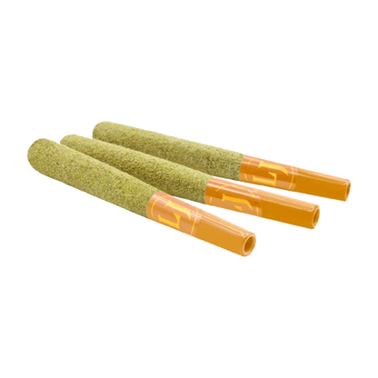 A close-up, angled view of three Durban K x Citrus Sap Live Resin Infused Pre Rolled 3 x 0.5 g joints with a textured green and orange appearance.