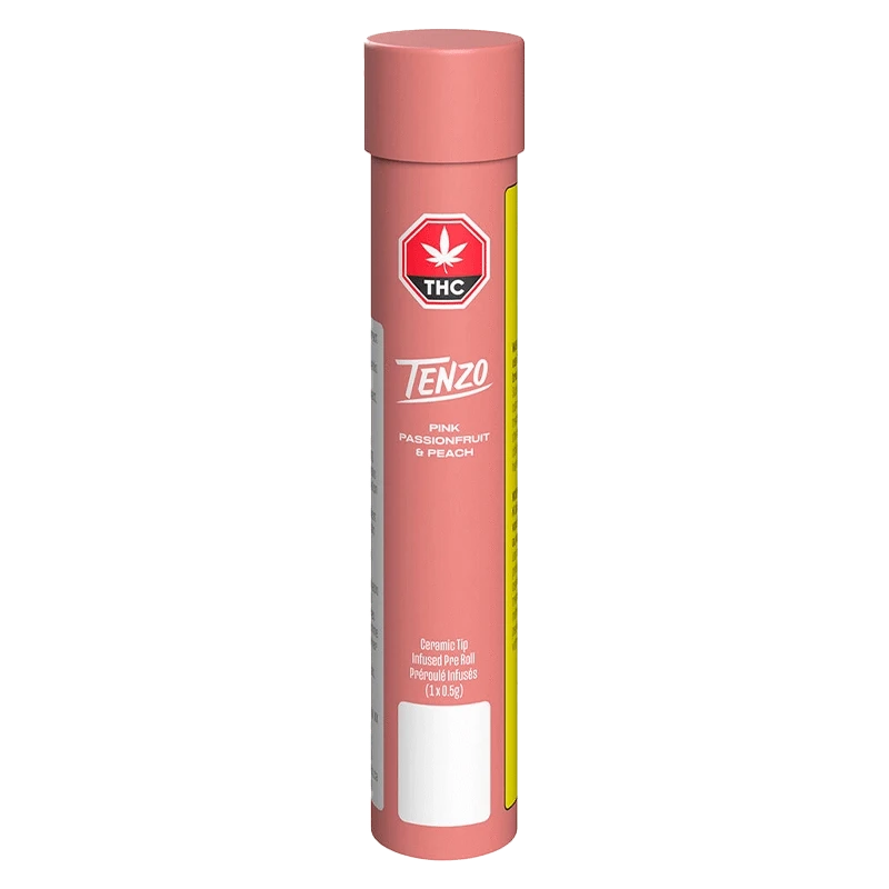 Front view of the Pink Passionfruit & Peach Ceramic Tip Infused Pre Rolled 1 x 0.5 g, showing a white label against a vibrant, colorful design.