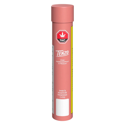 Front view of the Pink Passionfruit & Peach Ceramic Tip Infused Pre Rolled 1 x 0.5 g, showing a white label against a vibrant, colorful design.