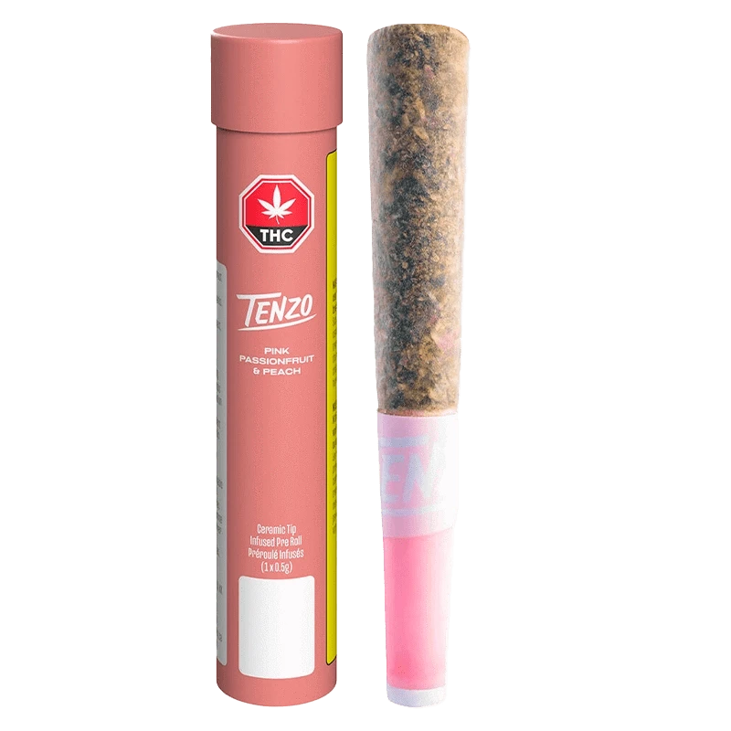 Close-up of the Pink Passionfruit & Peach Ceramic Tip Infused PR, showing a white package with branding and a colorful, textured ceramic tip.
