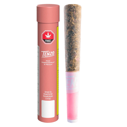 Close-up of the Pink Passionfruit & Peach Ceramic Tip Infused PR, showing a white package with branding and a colorful, textured ceramic tip.
