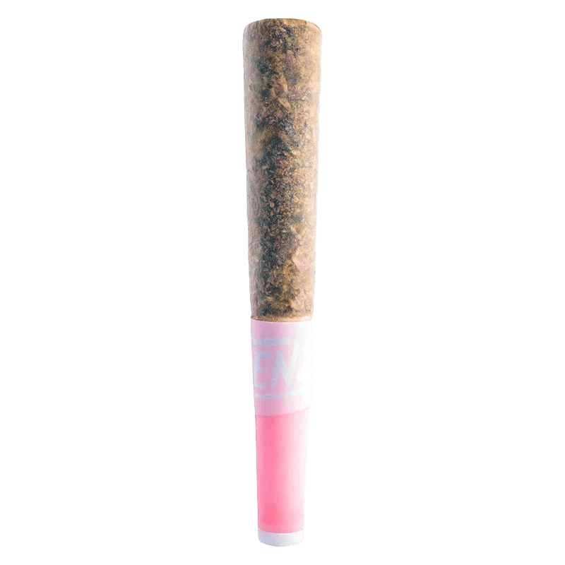 Close-up of the Pink Passionfruit & Peach Ceramic Tip Infused Pre Rolled 1 x 0.5 g, showing a white and pink ceramic tip against a blurred background.
