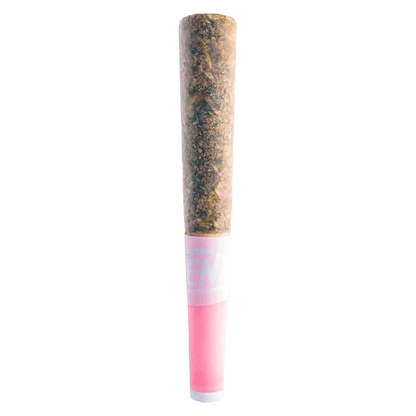 Close-up of the Pink Passionfruit & Peach Ceramic Tip Infused Pre Rolled 1 x 0.5 g, showing a white and pink ceramic tip against a blurred background.