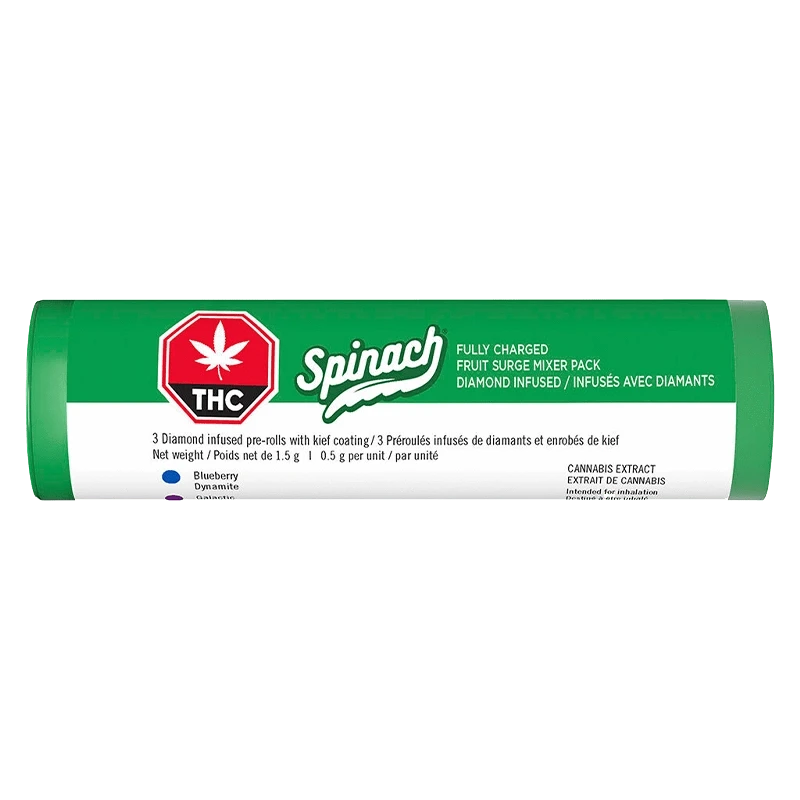 Close-up of the Fully Charged Fruit Surge Mixer Pack Infused Pre Rolled 3 x 0.5 g, showcasing its packaging with vibrant colors and bold branding.
