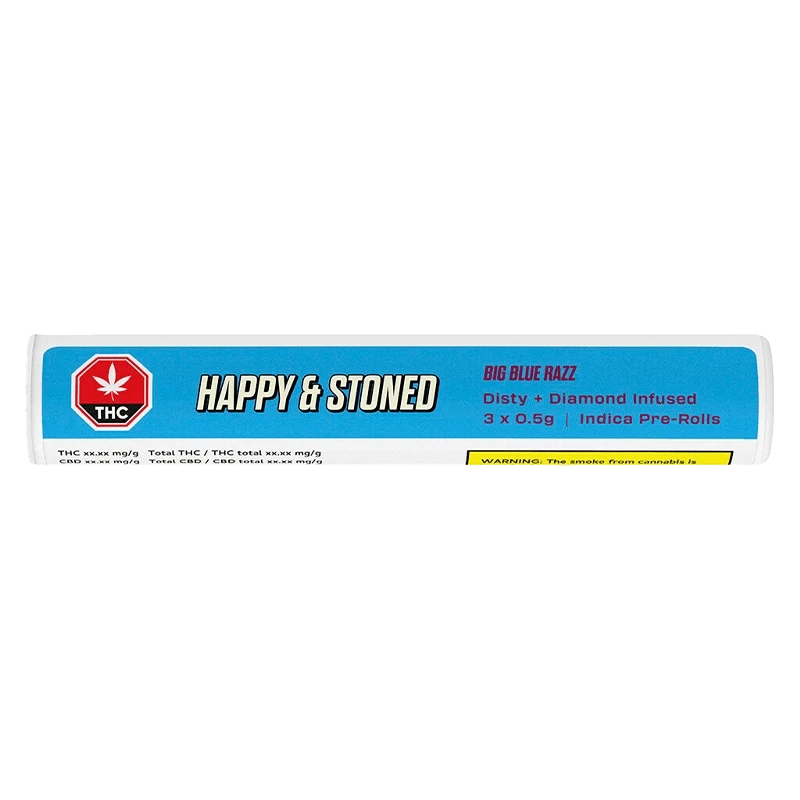 Front view of the Big Blue Razz Disty + Diamond Infused Pre Rolled package with vibrant blue and white branding against a black background.