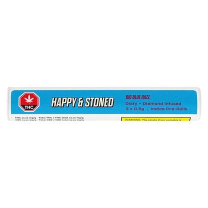 Front view of the Big Blue Razz Disty + Diamond Infused Pre Rolled package with vibrant blue and white branding against a black background.