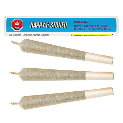 Front view of the Big Blue Razz Disty + Diamond Infused Pre Rolled 3 x 0.5 g with a brightly colored label on a plain white background.