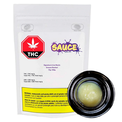 Front view of the Grease Bucket Signature Live Rosin packaging, displaying text and branding details on a dark background.