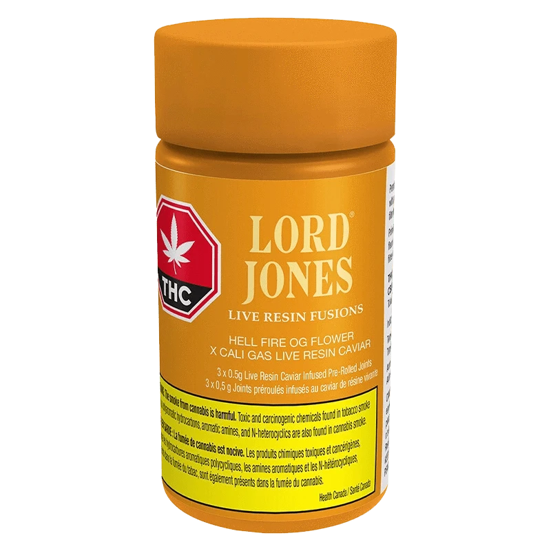 Front view of the Lord Jones Hellfire OG x Cali Gas Live Resin Infused Pre Rolled packaging with bold typography and cannabis leaf imagery.