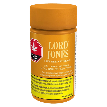 Front view of the Lord Jones Hellfire OG x Cali Gas Live Resin Infused Pre Rolled packaging with bold typography and cannabis leaf imagery.