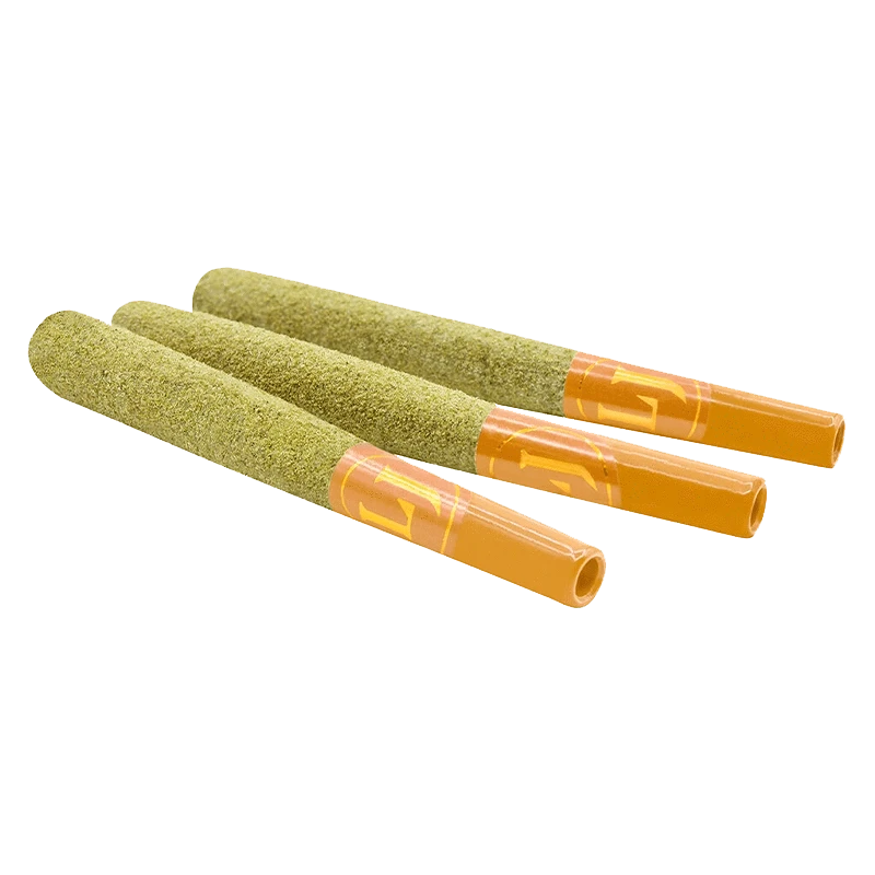 Close-up of the Hellfire OG x Cali Gas Live Resin Infused Pre Rolled 3 x 0.5 g pre-rolls, arranged diagonally against a neutral background.