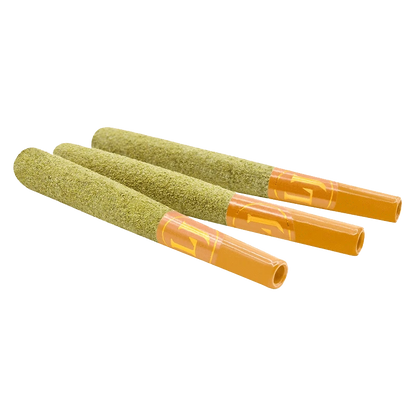 Close-up of the Hellfire OG x Cali Gas Live Resin Infused Pre Rolled 3 x 0.5 g pre-rolls, arranged diagonally against a neutral background.