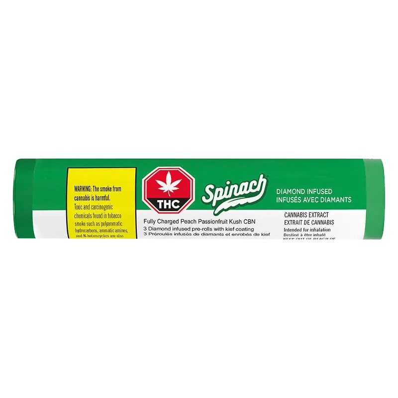 Close-up of the Fully Charged Peach Passionfruit Kush CBN Infused Pre Rolled packaging against a dark background, highlighting its colorful branding.
