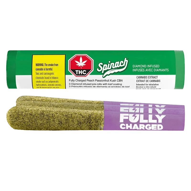 Front view of the Fully Charged Peach Passionfruit Kush CBN Infused Pre Rolled package with bold lettering on a dark background.