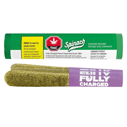 Front view of the Fully Charged Peach Passionfruit Kush CBN Infused Pre Rolled package with bold lettering on a dark background.