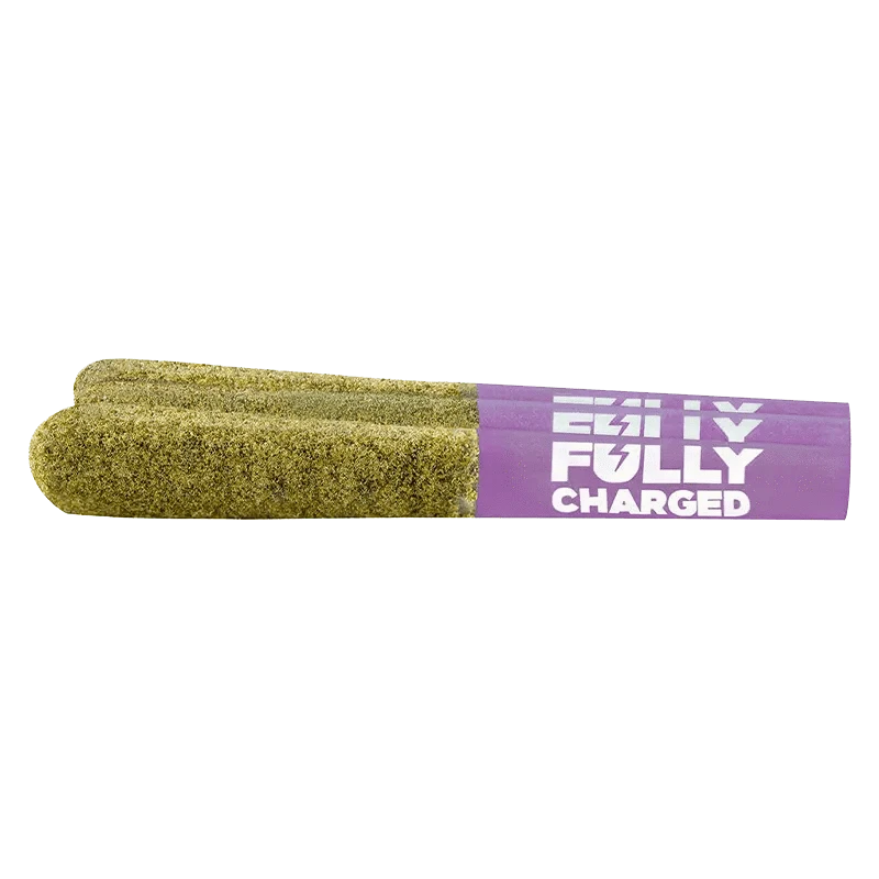 A close-up, top-down view of the Fully Charged Peach Passionfruit Kush CBN Infused Pre Rolled 3 x 0.5 g pre-rolls packaged in a silver bag.