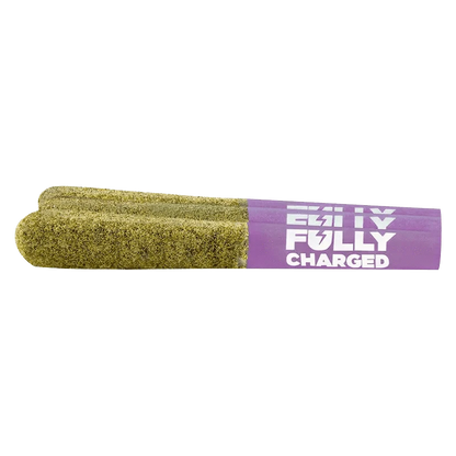 A close-up, top-down view of the Fully Charged Peach Passionfruit Kush CBN Infused Pre Rolled 3 x 0.5 g pre-rolls packaged in a silver bag.