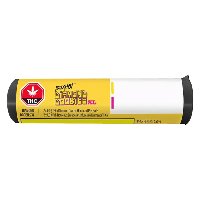 Front view of the Pear Herer & Strawberry Diesel Infused Pre Rolled 2 x 1 g packaging, featuring bold text on a dark background.