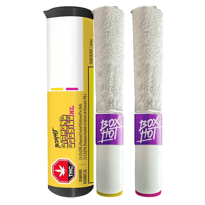 Front view of the Pear Herer & Strawberry Diesel Infused Pre Rolled 2 x 1 g packaging with vibrant branding, set against a solid black background.