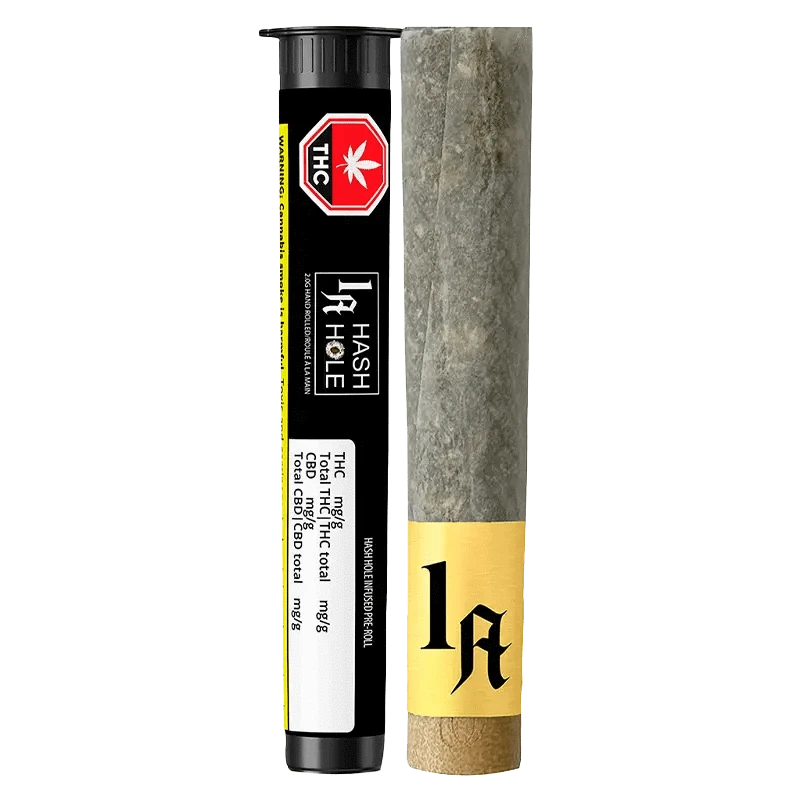 Close-up of the Hash Hole Infused Pre Rolled 2 x 1 g packaging, displaying a warning symbol against a black background.