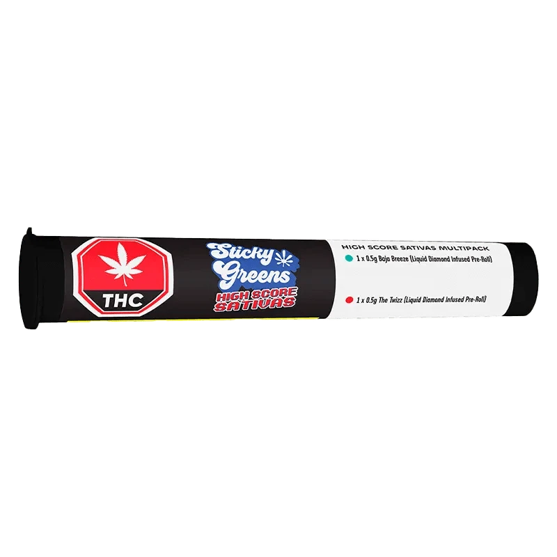 Front view of the High Score - Liquid Diamond Double Infused Pre Rolled 3 x 0.5 g packaging, featuring a dark background with vibrant logo details.