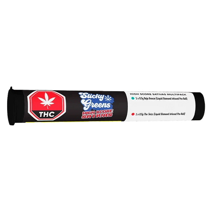 Front view of the High Score - Liquid Diamond Double Infused Pre Rolled 3 x 0.5 g packaging, featuring a dark background with vibrant logo details.