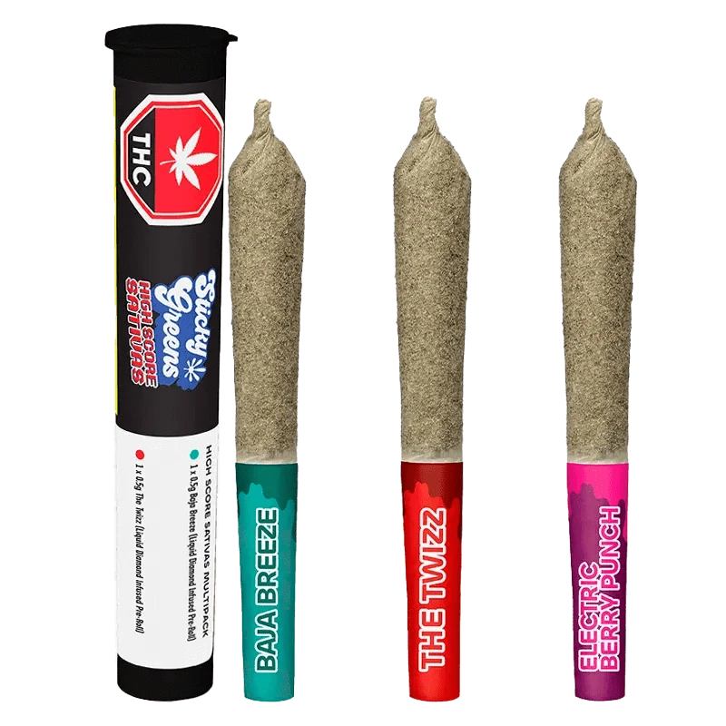 Front view of the High Score - Liquid Diamond Double Infused Pre Rolled 3 x 0.5 g with vibrant branding against a dark background.