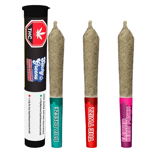 Front view of the High Score - Liquid Diamond Double Infused Pre Rolled 3 x 0.5 g with vibrant branding against a dark background.