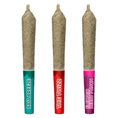 A close-up of the High Score - Liquid Diamond Double Infused Pre Rolled 3 x 0.5 g, showing a trio of green-colored, cylindrical containers.