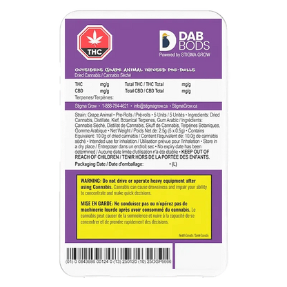 Front view of the Outsiders Grape Animal Infused Pre Rolled 5 x 0.5 g packaging, displaying THC and CBD content details in a dark setting.