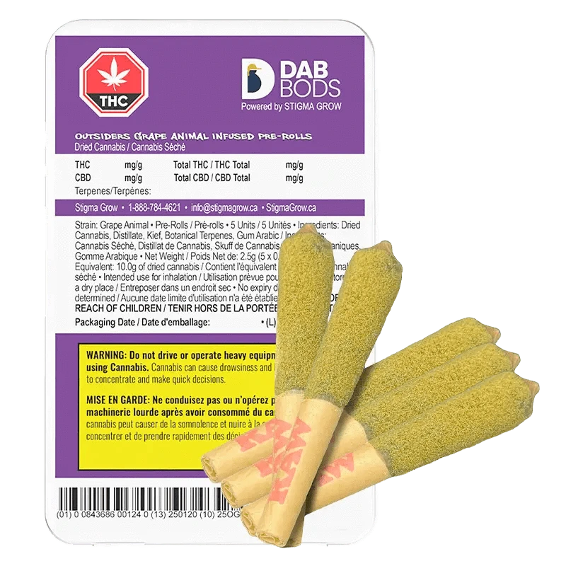 Outsiders Grape Animal Infused Pre Rolled 5 x 0.5 g packaging shown in a close-up, angled view with THC/CBD content visible.