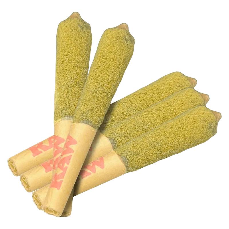 A close-up of the Outsiders Grape Animal Infused Pre Rolled 5 x 0.5 g, showing five green-colored items arranged diagonally against a white background.