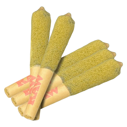 A close-up of the Outsiders Grape Animal Infused Pre Rolled 5 x 0.5 g, showing five green-colored items arranged diagonally against a white background.