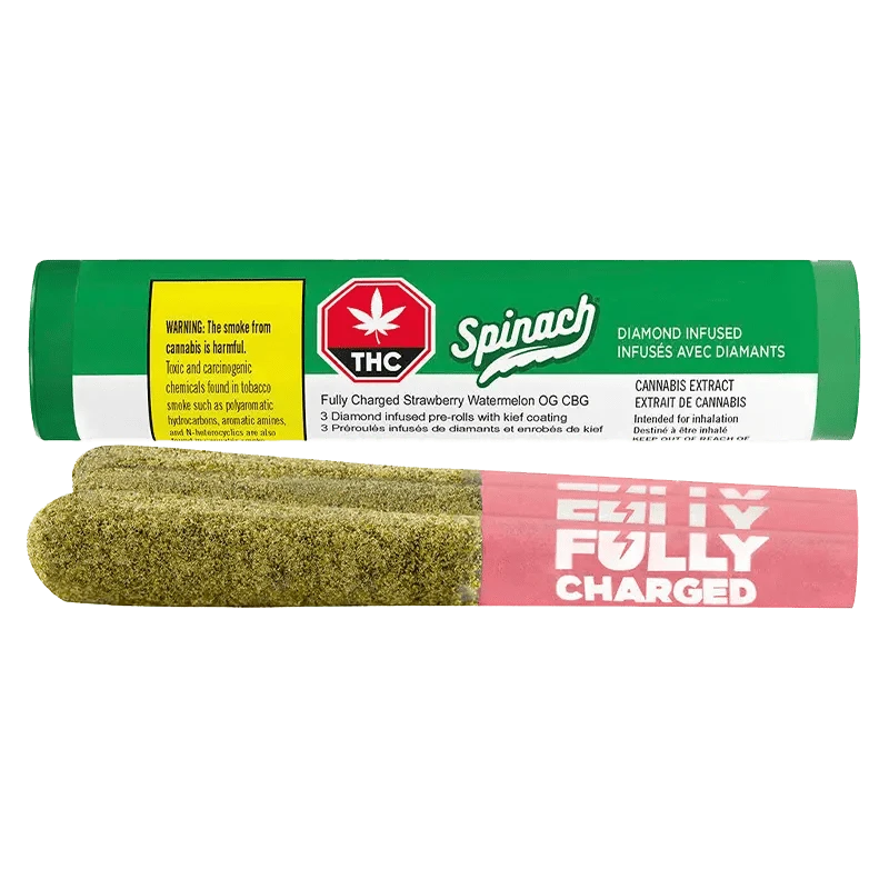 Close-up of the Fully Charged Strawberry Watermelon OG CBG Infused Pre Rolled packaging, displaying a vibrant design with bold lettering.