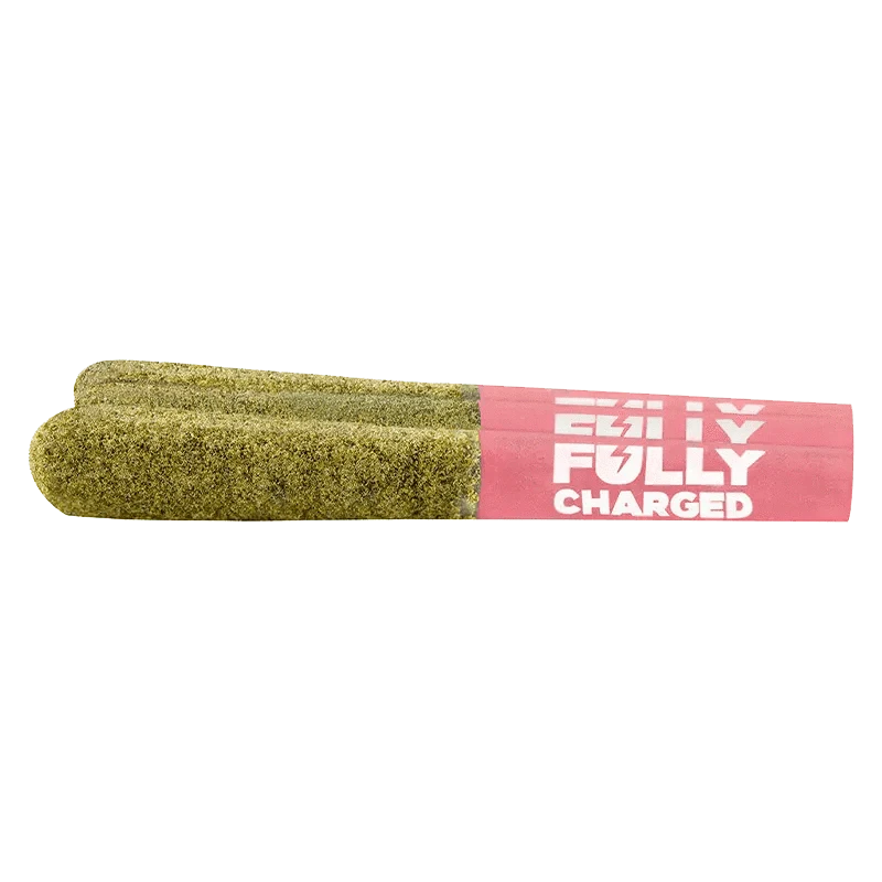 A close-up shot of the Fully Charged Strawberry Watermelon OG CBG Infused Pre Rolled 3 x 0.5 g pre-rolls against a plain white background.