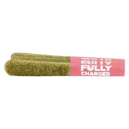 A close-up shot of the Fully Charged Strawberry Watermelon OG CBG Infused Pre Rolled 3 x 0.5 g pre-rolls against a plain white background.