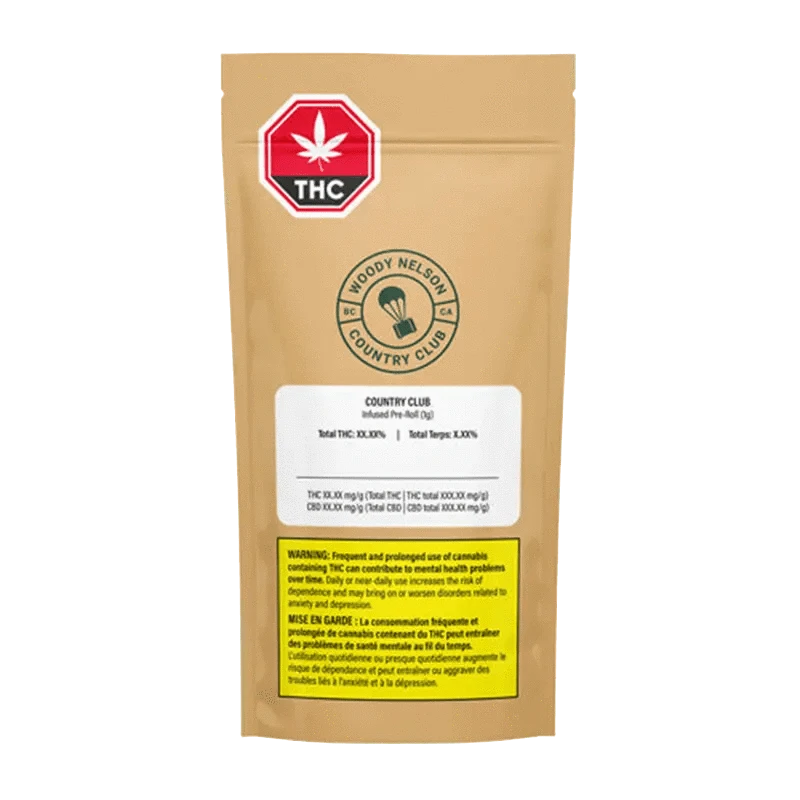 Front view of the Country Club Infused Pre Rolled 1 x 1 g package featuring a vibrant green and gold label with bold lettering.