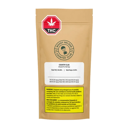 Front view of the Country Club Infused Pre Rolled 1 x 1 g package featuring a vibrant green and gold label with bold lettering.