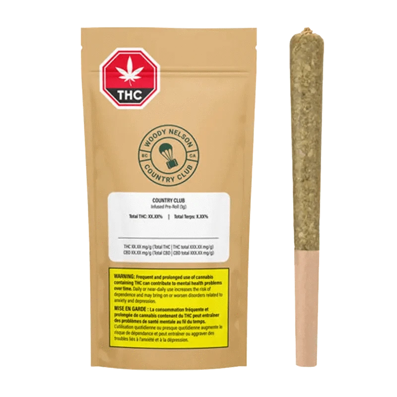 Front view of the Country Club Infused Pre Rolled 1 x 1 g package, featuring a circular logo against a dark background.