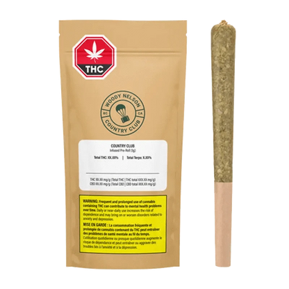 Front view of the Country Club Infused Pre Rolled 1 x 1 g package, featuring a circular logo against a dark background.