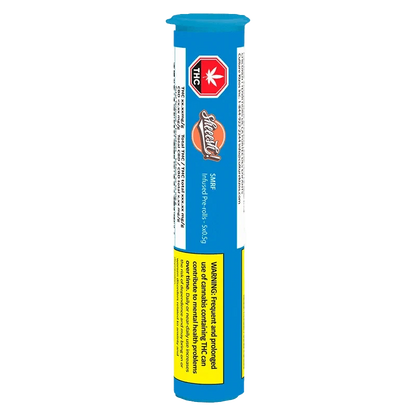 Close-up of the SMRF Infused Pre Rolled 5 x 0.5 g product packaging with a prominent warning label, seen at a slight angle.