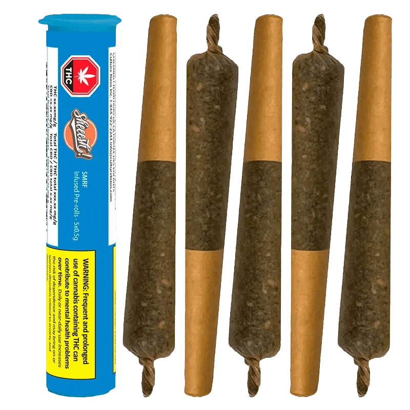 A close-up of the SMRF Infused Pre Rolled 5 x 0.5 g product packaging with a warning label, seen at a slight angle.