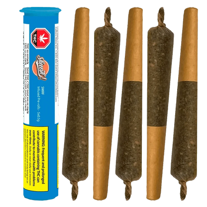 A close-up of the SMRF Infused Pre Rolled 5 x 0.5 g product packaging with a warning label, seen at a slight angle.