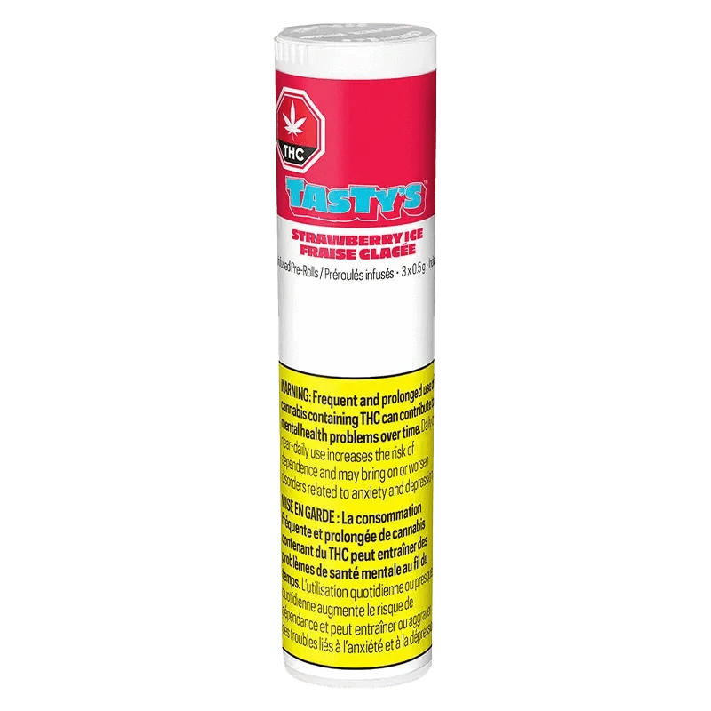 Strawberry Ice Diamond Infused Pre Rolled 3 x 0.5 g packaging displayed at a slight angle with warning labels in red and white.