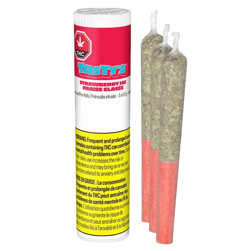 Strawberry Ice Diamond Infused Pre Rolled 3 x 0.5 g package shown in a close-up, angled view with bold text on a dark background.